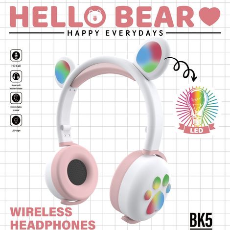 Adorables écouteurs Bluetooth oreilles d'ours, casque audio sans fil avec oreillettes LED multicolores et design mignon à pattes. (1/5)