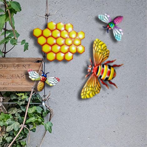 Ensemble de 4 ornements décoratifs en fer forgé en forme d'abeilles, pour la décoration murale extérieure de la maison et du jardin. Créations artisanales à suspendre. (1/4)