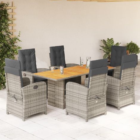 Salon de jardin repas 7 pièces avec 6 chaises inclinables, résine tressée grise et coussins - PANGIVO (1/5)