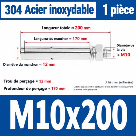 Goujon d'ancrage cheville à expansion M10 x 200 mm inox 304 perçage 12 mm m10 200 1 pièces 1 kg – Livraison gratuite