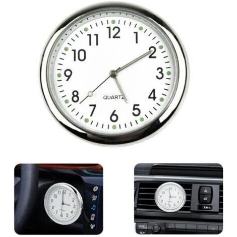 Horloge de voiture ronde blanche, autocollant lumineux pour tableau de bord, horloge à quartz compatible avec toutes les voitures (avec clip pour grille d'aération) (1/4)