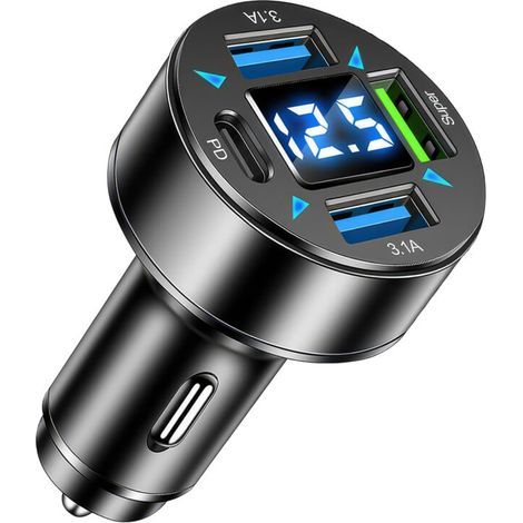 4-Port-USB-C-Autoladegerät. USB-C PD 66 W. QC3.0 mit LED-Voltmeter – Kompatibel mit iPhone, Android, Samsung und Tablets – Kompakt, leicht und sicher