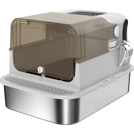 Arenero XXL de acero inoxidable con tapa abatible, incluye pala, para gatos grandes de hasta 12 kg, fácil de limpiar in situ. (1/5)