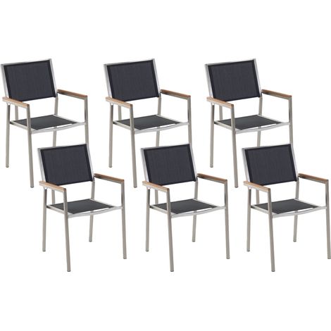 Conjunto de 6 sillas de jardín con asiento de tela negro y patas de acero apilables Grosseto (1/5)