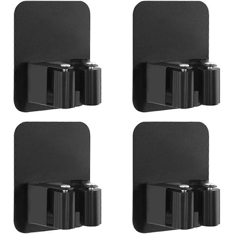 Lot de 4 supports muraux pour balais, serpillières et porte-balais, supports auto-adhésifs sans perçage pour balais et pelles à poussière, adaptés aux jardins résidentiels, noirs. (1/5)