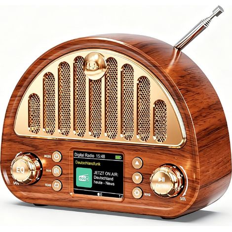 Radio Vintage Dab+/FM Bluetooth Portable, Poste Radio Numérique avec Batterie Rechargeable 3000 mAh, Double Réveil, 80 Préréglages, AUX, Carte Micro SD, Prise Casque (1/5)