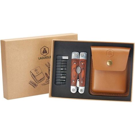 LAGUIOLE - Laguiole 40268486 Pince Multifonctions (8 fonctions) en Acier Inoxydable avec Manche en Bois de Pakka et Etui en Cuir