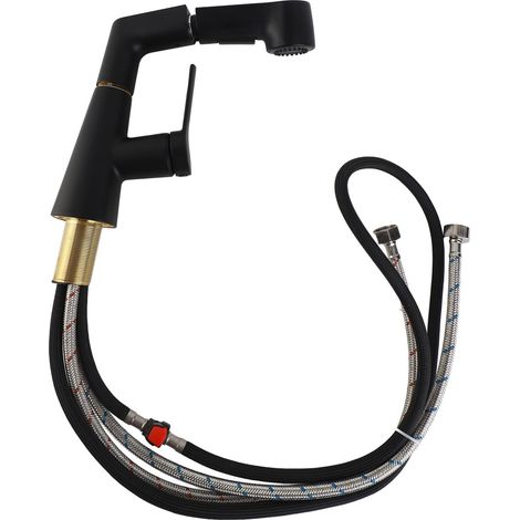 Grifo de cocina multifuncional con rociador extraíble y función giratoria de 360°, mezclador termostático con carcasa de cobre negro, cable de 60 cm de longitud, conexión de 35 mm, válvula cerámica. (1/5)