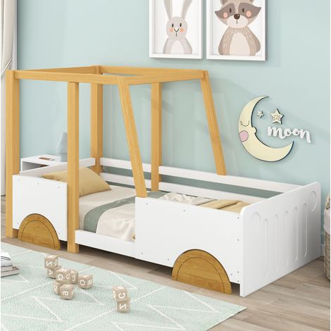 Lit enfant voiture 90x200 cm en bois massif blanc et naturel avec tête de lit MDF et barrières de sécurité (1/5)