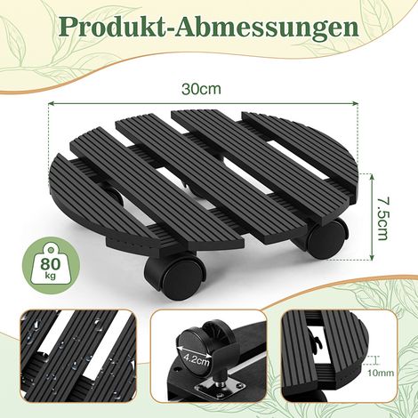 Wolketon 2X WPC Pflanzenroller 30cm, Blumenroller Tragkraft 80 KG, Rolluntersetzer mit Rollen, Kübelroller für Pflanzen, Blumentopf(Rund, Grau) (1/4)