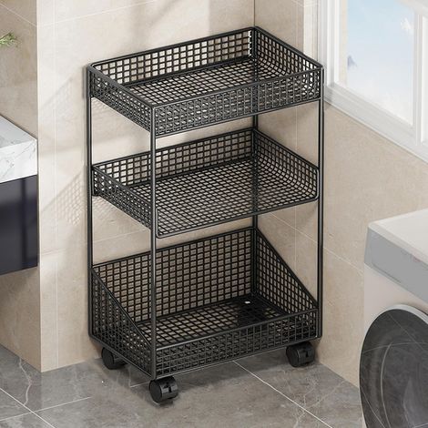 Étagère rangement cuisine 3 niveaux, chariot roulant en acier avec roulettes, meuble compact noir 40 x 20 x 57 cm pour cuisine et maison (1/2)
