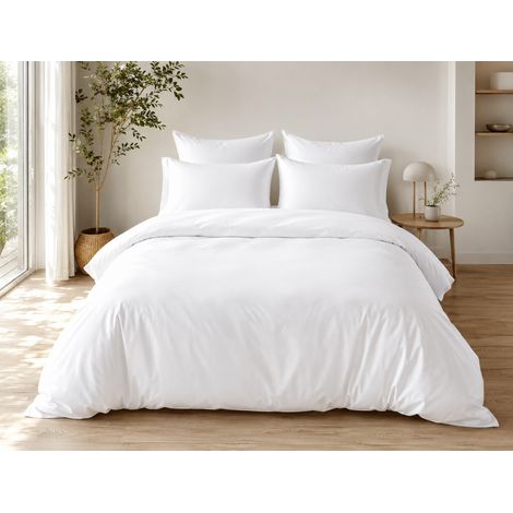 Parure de Lit Complète 240 x 220 cm Blanc - 100% Coton 57 Fils - Drap-Housse 140x190 + 4 Taies (1/5)