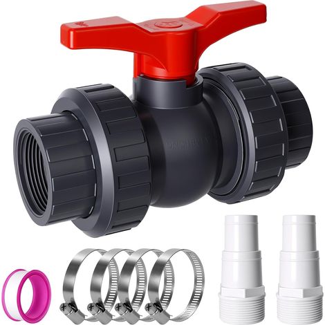 Robinet à boisseau sphérique 50mm avec 2 embouts de tuyau 32/38 mm Double Union à Coller, Vanne à boisseau sphérique en PVC pour piscines, vanne d'arrêt pour tuyauterie de piscine, étangs (1/5)