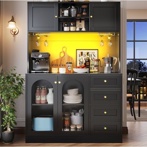MEUBLIV Buffet de cuisine 120x40x188 cm noir – LED, 4 portes et porte-verres (1/5)