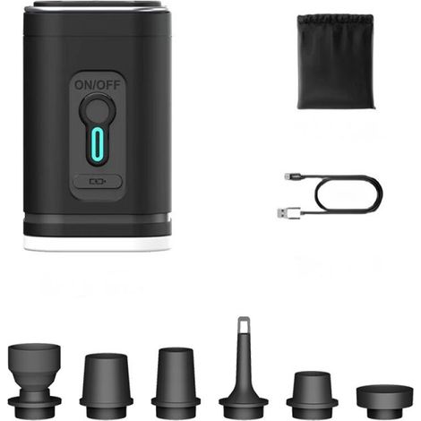 Esta minibomba de aire portátil incluye 6 boquillas recargables para inflar/desinflar colchones de aire, boyas, etc. (1 juego, negro). (1/5)