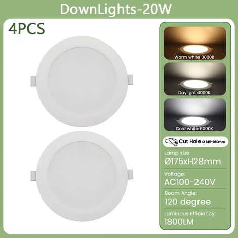 (20W, lumière naturelle 4000K) Deux plafonniers LED encastrés, adaptés à l'éclairage intérieur de la maison. (1/4)