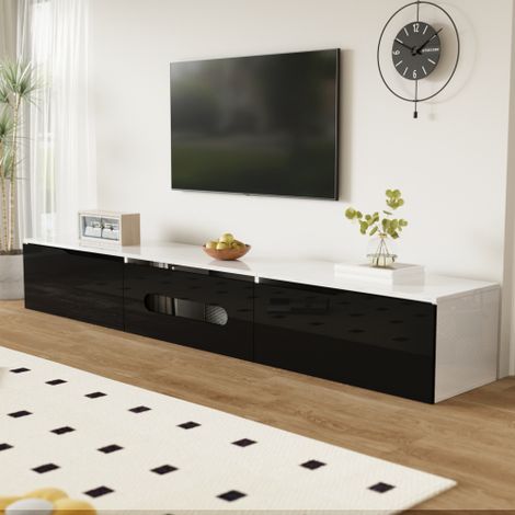 Meuble TV mural 180 cm, Meuble TV noir et blanc brillant, avec éclairage LED 16 couleurs