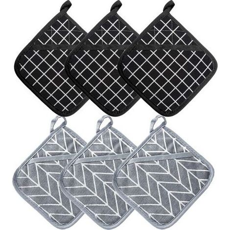 Maniques Cuisine et Gant Four Résistants à la Chaleur 392 ° F, Gant Cuisine Four Épaisses Set de Coton Recyclé Rempli, pour la Cuisine, la Pâtisserie, 17cm x 17cm, 3PCS Gris et 3PCS Noir (1/5)