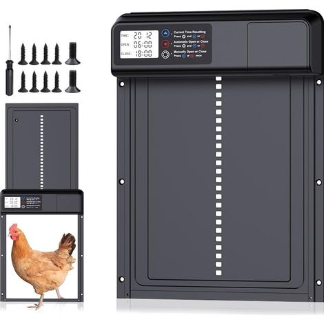 Porte Automatique Poulailler, Poulailler Automatique, de avec Grand écran étanche, Minuterie, Fonction Anti-Pincement, Avertissement Batterie - (1/5)