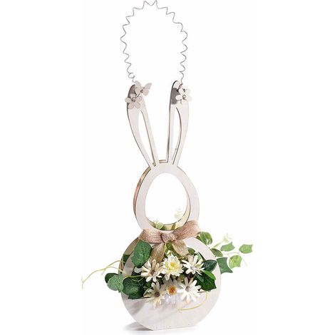 Coniglio pasquale in legno con fiori artificiali e fiocco da appendere / appoggiare, set da 2 pezzi, cm 15 x 6 x 37 H