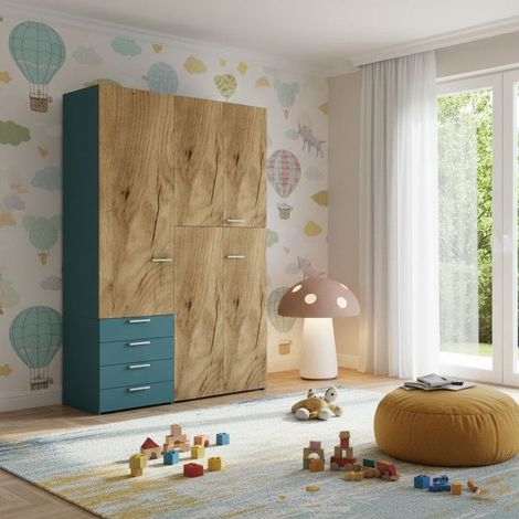 L.150 H.225,8 - Armadio ad ante battenti con ripiani e cassetti - Perfetto per organizzare i tuoi vestiti - Quercia e verde petrolio