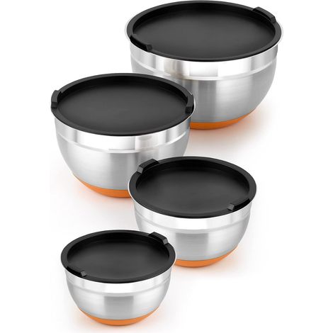 Lot de 4 Bols en Acier Inoxydable 18/10 14162024 cm 0,4 L, Base en Silicone, Couvercles Inclus (1/5)