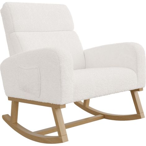 Eifson – Fauteuil à bascule scandinave en tissu sherpa – Dossier inclinable – Accoudoirs avec poches de rangement – Pieds en bois massif – 69x78x87cm