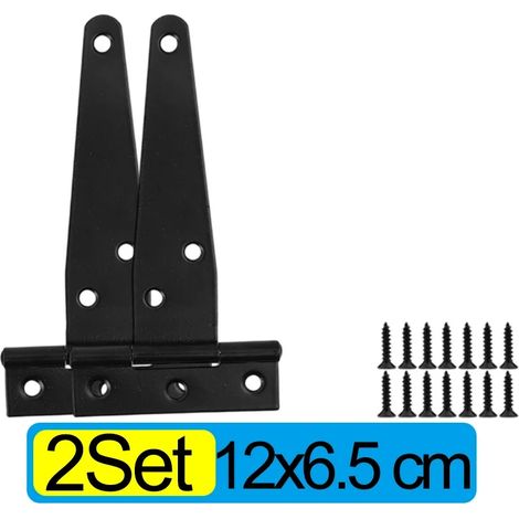 (Lot de 2 - 12 x 6,5 cm) Charnières en fer en forme de T, robustes, noires, pour portes, portails, armoires, granges, pièces, etc., avec vis et supports de fixation. (1/5)