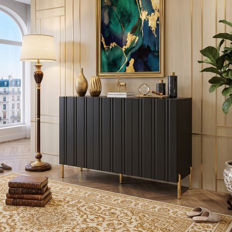 Creahappy Buffet Enfilade 120x35.5x80 cm Meuble à Chaussures - Gain de Place - 3 Portes Cannelées Pieds Métal Doré Noir (1/5)