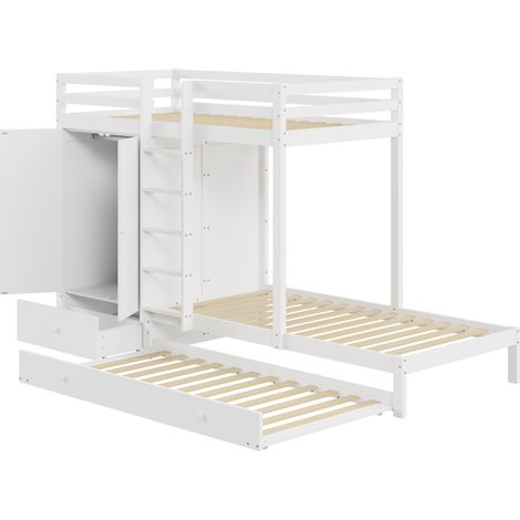 Litera multifunción de madera 90 x 200 cm con cama nido, armario, cajones y estante, blanco (1/5)