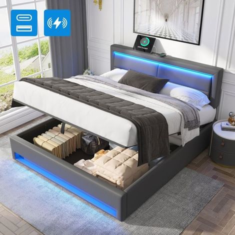 Lit coffre capitonné - SOGEU - 160x200 - PU gris - LED 12 couleurs télécommandée - USB & sommier à lattes (1/5)