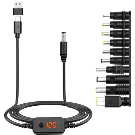 Cable Alimentation Adaptateur PD/USB vers DC 5V,9V,12V,15V,20V Tension Réglable Type C Mâle to 5.5x2.1mm Cordon Chargeur Universel avec 10 DC Convertisseur pour Routeur Tablet(1.2m) (1/5)