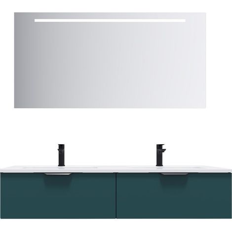 Meuble de salle de bain suspendu double vasque intégrée 140cm 2 tiroirs Bleu + miroir - Soho (1/5)