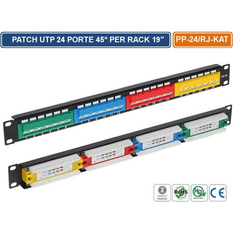 PANNELLO PATCH UTP 24 PORTE 45° PER ARMADIO RACK 19" 1U (1/4)