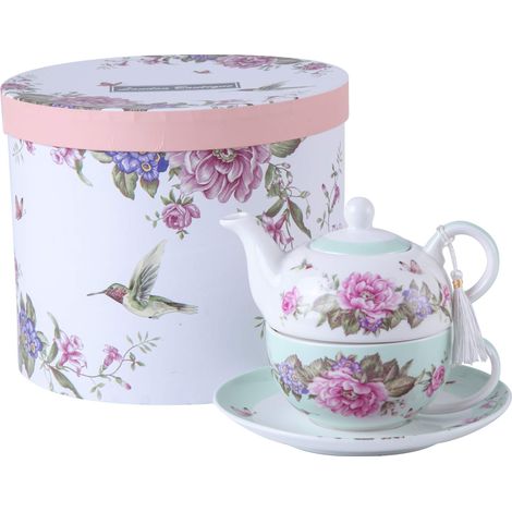 London Boutique Shaby - Set di teiera da tè per Una Persona, in Porcellana, con Motivo Floreale, Uccellino, Rosa, Farfalla, Confezione Regalo, Colore: Foglia di tè (1/4)