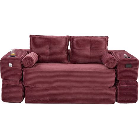 Sofá cama plegable de 2 plazas en pana, espuma alta densidad y muelles, con bolsillos y portavasos (1/5)