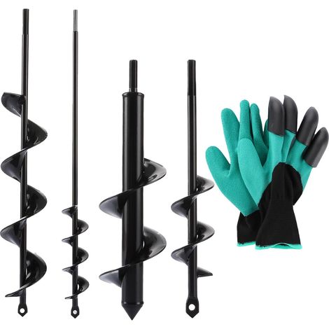 4 Pièces Mèche Jardin Tariere pour Perceuse, Foreuse Jardin en Spirale avec Gants Jardinage, Outil de Plantation Pratique pour Faire Rapidement Trou et Planter des Fleurs Arbres Arbustes (1/5)