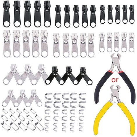 Kit de réparation de fermeture éclair pour vestes, comprenant une pince à glissière, une boucle de verrouillage métallique et un curseur (85 pièces). (1/5)
