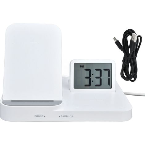 3-in-1 LCD-Digitalwecker mit kabellosem Handy-Ladegerät, USB-Netzteil, Weiß, für Zuhause oder Büro (1/5)