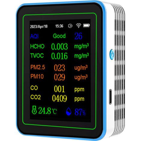 QORVA-Détecteur qualité d’air WiFi 12 en 1, détecteur dioxyde de carbone avec affichage date/heure, AQI PM2.5 PM10 HCHO TVOC CO CO2 température humidité, testeur qualité d’air pour bureau école,de