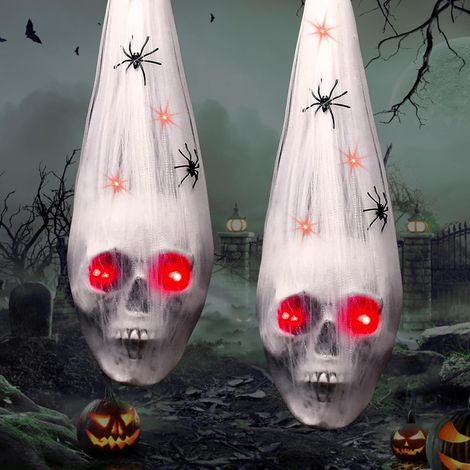 Set di 2 decorazioni a forma di teschio da appendere per Halloween, ideale per esterni: teschio da esterno con 2 ragni, inquietante decorazione a LED con occhi rossi per giardino e casa stregata, perf (1/5)