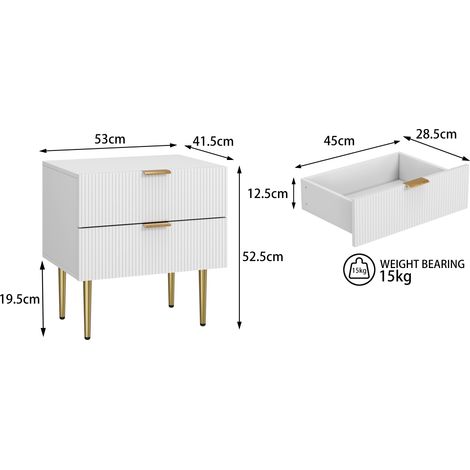 Table de chevet blanche à motif ondulé et 2 tiroirs, table de nuit moderne avec pieds en métal, 1 pièce