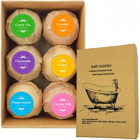 Set de 6 bombas de baño con aromas relajantes, ingredientes naturales, sin colorantes, para mujeres, hombres y niños. (1/5)