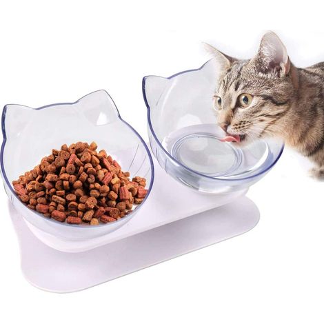 Gamelle double pour chat avec support surélevé, incliné à 15° et antidérapant Transparent pour chat et eau - Protège les animaux de compagnie de la vertèbre cervicale (1/5)