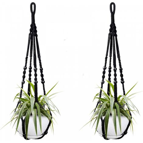 Deux paniers suspendus en corde de coton noir pour plantes d'intérieur, de 98 cm chacun, ornés de perles en bois. Crochets non inclus. (1/5)