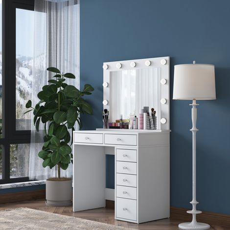 Toiletta Cocchiara, Tocador con Espejo, 7 Cajones, Luces Incluidas, 90x45x153h cm Blanco (1/5)