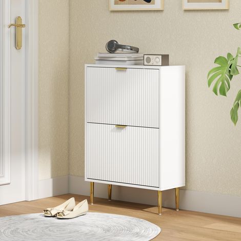 Scarpiera Slim per 12 Paia di Scarpe con 2 Cassetti a Ribalta e Ripiani Regolabili, 60x24x91.5 cm, Bianco