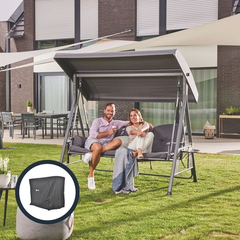 HOME DELUXE - Balancelle DESCANSO grise avec housse - 3 places, L/H/l 115 cm x 195 cm x 198 cm, avec porte-boissons, coussins d'assise et de dossier I Chaise longue Salon de jardin Chaise longue à bas (1/5)