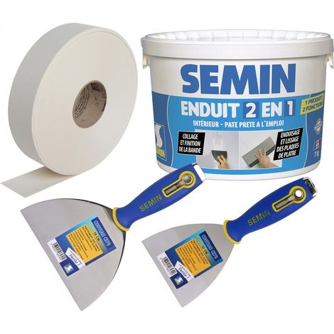 Pack Semin comprenant 1 bande US papier pour joints des plaques de pâtre - 150 m, 1 enduit 2 en 1 multifonctions - seau de 7 kg, 1 couteau à enduire - 10 cm et 1 couteau - 15 cm (1/5)