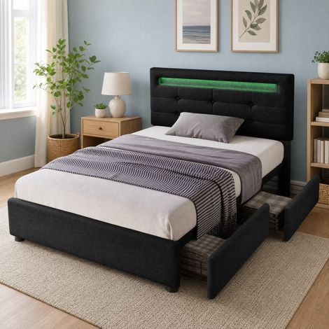 CHICFURN Letto 90x200 in lino nero con LED, 2 cassetti e testiera regolabile, senza materasso (1/5)